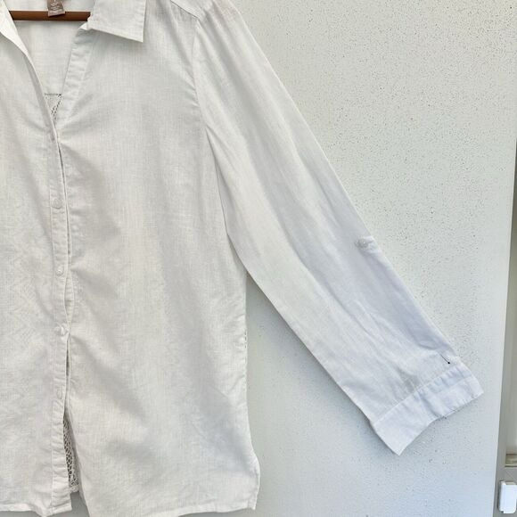 Chicos | Linen Crochet Back Button Shirt Roll Tab Sleeves Top Size 1 -‎ Med - 44 - Picture 4 of 15